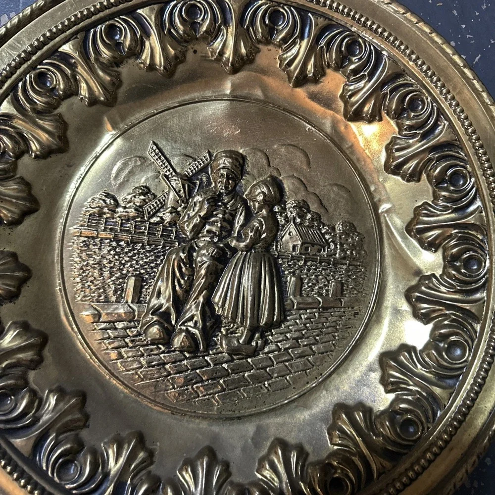 Vintage European Brass Wall Plates – Matched Pair Dutch  Scenes 12